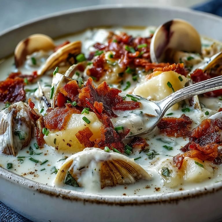 Homemade New England Clam Chowder simmering in a Dutch oven, featuring smoky bacon, diced potatoes, and fresh herbs for a comforting dinner.