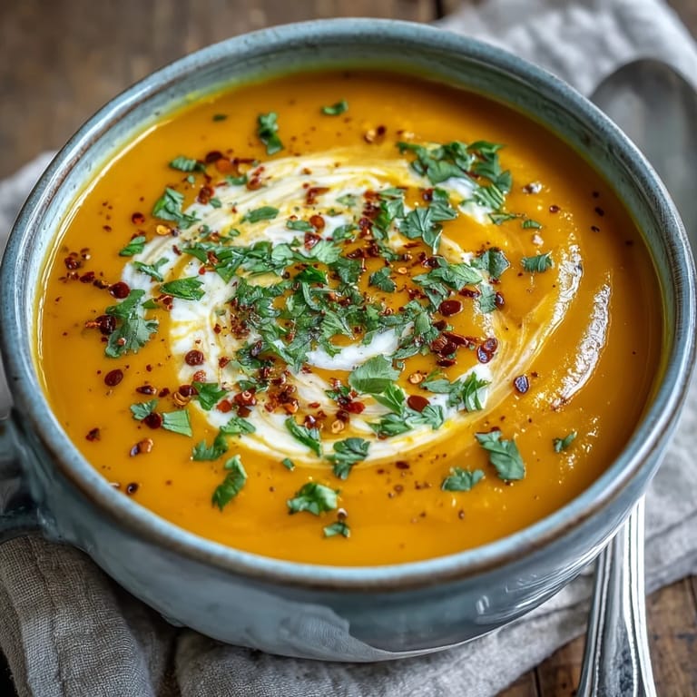 A bowl of hearty Carrot and Lentil Soup served alongside warm naan bread and a lemon wedge.