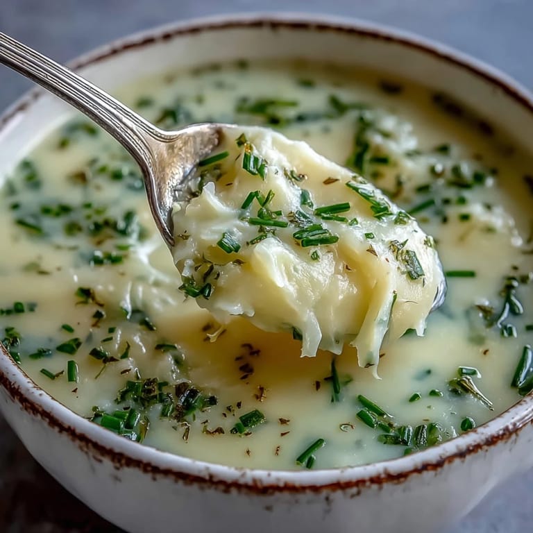 Potato Leek Soup in a rustic bowl next to crusty bread slices.
