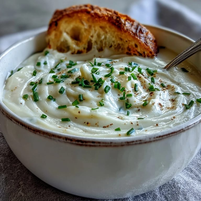 Close-up of Cream of Potato Soup garnished with fresh chives, revealing creamy potato and carrot pieces.