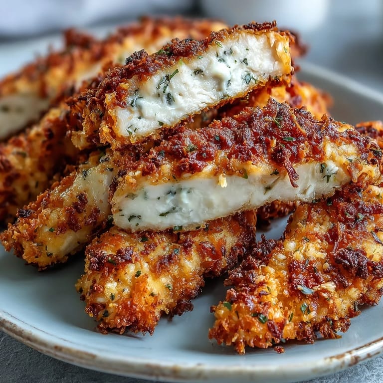 Golden brown air fryer chicken strips on a white plate, with a side of creamy dipping sauce.  