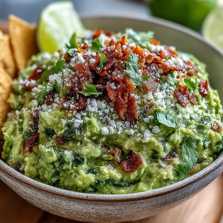 A close-up of Bacon Guacamole with Cotija Cheese highlights vibrant diced tomatoes and onions beside crunchy bacon on ripe avocado.