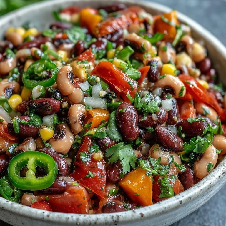 Freshly prepared Cowboy Caviar salad with black-eyed peas, tomatoes, and cilantro, ideal as a healthy Tex-Mex appetizer.