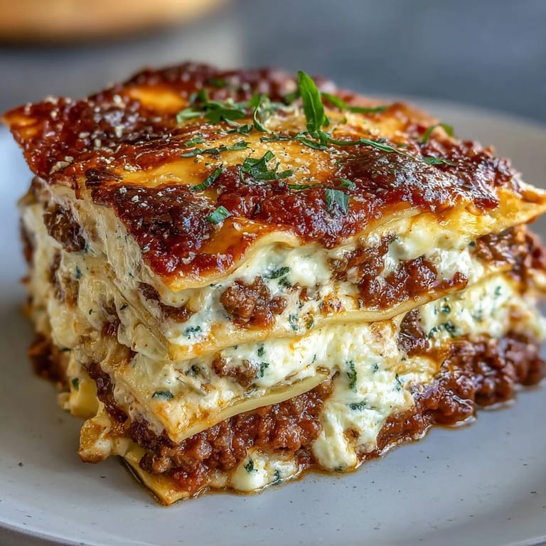 Fresh basil garnish crowns a hearty slice of Worlds Best Lasagna, served alongside a crisp green salad.