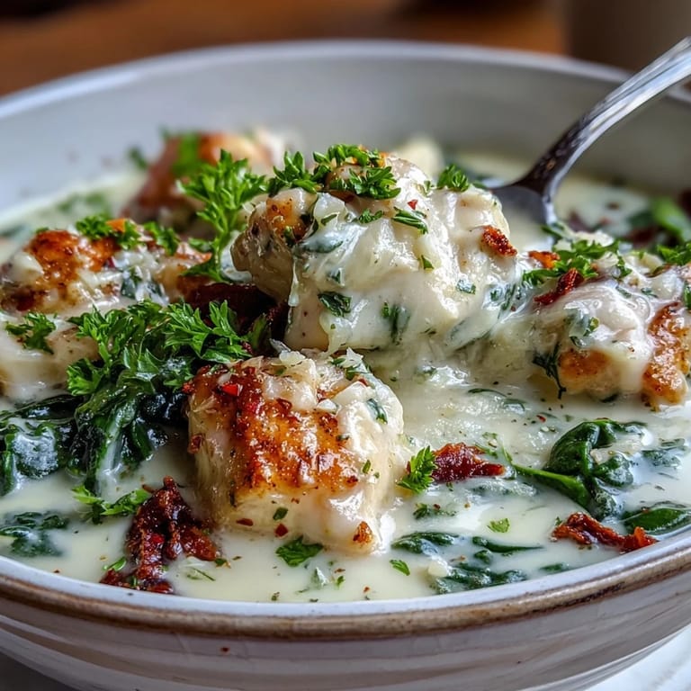 Hearty bowl of Garlic Parmesan Chicken Soup with crusty bread on the side.