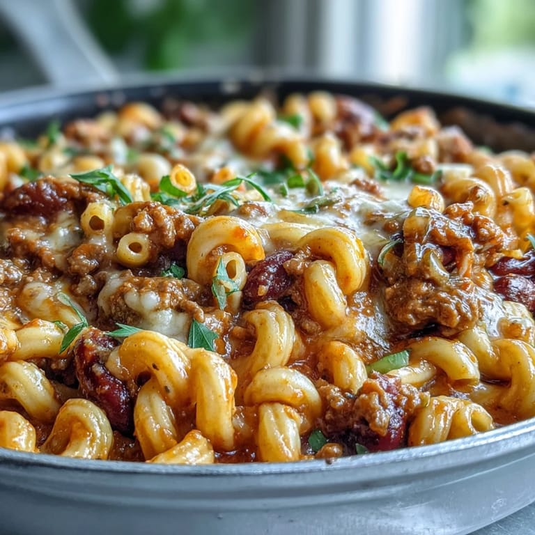 Hearty One-Pan High Protein Chili Mac with shredded cheddar and smoky spices bubbling in a skillet.