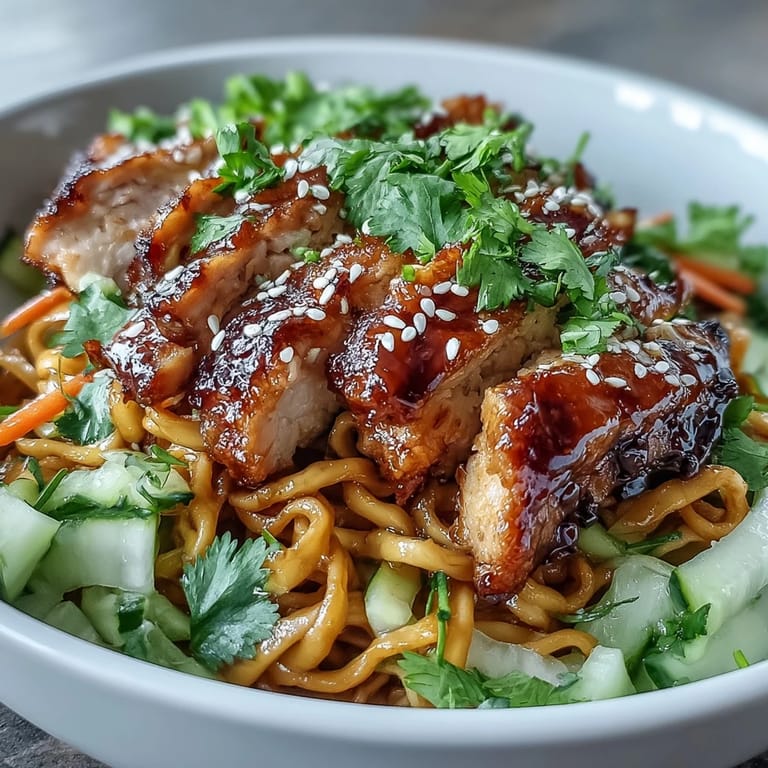 Plated Asian Chicken Noodle Bowl served with lime wedges on a rustic wooden table.
