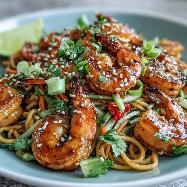 Freshly prepared 15-Minute Asian Noodle Bowl With Grilled Shrimp featuring colorful julienned vegetables and sesame seeds.