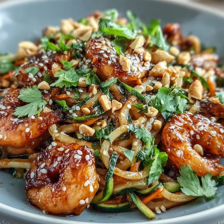 Colorful rice noodles and tender shrimp create a delicious, dairy-free main course ready for a quick weeknight meal.