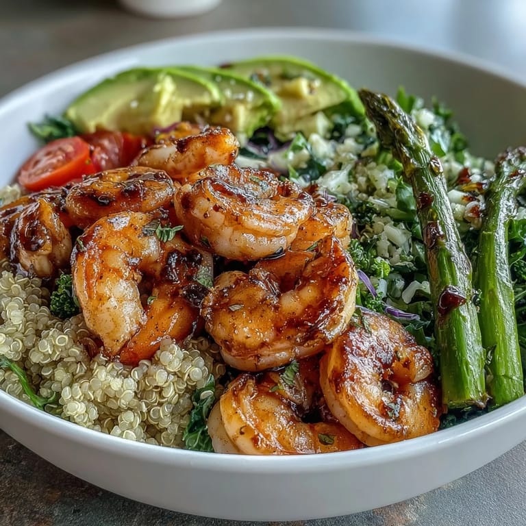 Healthy Rainbow Vegetable Detox Bowl with juicy shrimp, quinoa, and crisp veggies drizzled with tangy balsamic dressing.