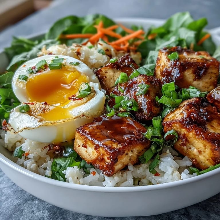 Overhead view of a nourishing Tofu Jammy Egg Breakfast Bowl with sesame seeds and cilantro garnish, served in a ceramic bowl.