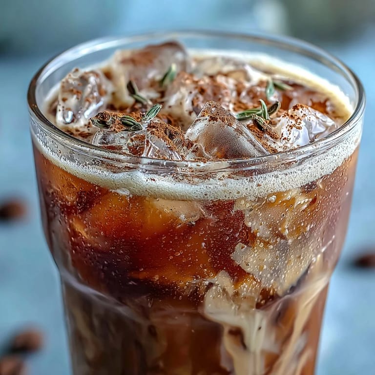 Homemade Iced Hojicha with Cinnamon topped with cinnamon powder, ready to enjoy alongside a sweet mochi dessert.
