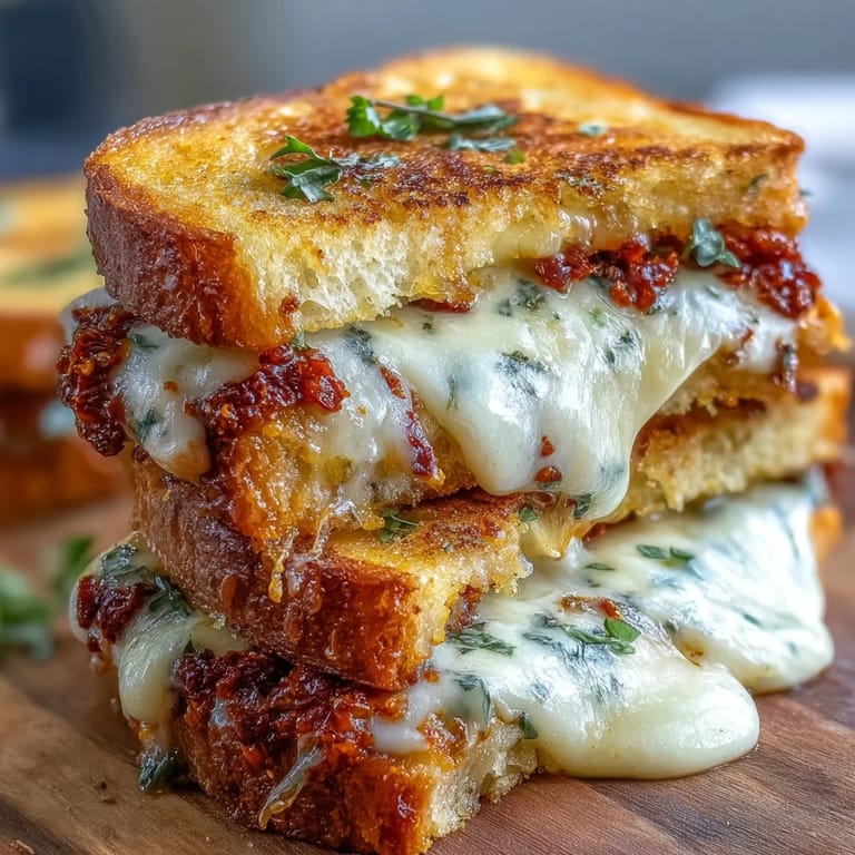 Perfectly grilled Sun-Dried Tomato Pesto Grilled Cheese served with a fresh green salad.