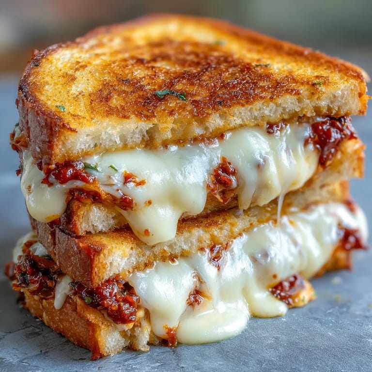 Crispy, golden Sun-Dried Tomato Pesto Grilled Cheese sliced to reveal its melty, savory interior.