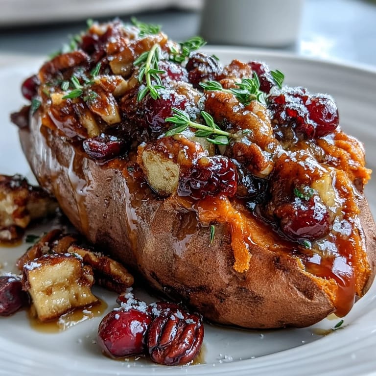 Golden roasted sweet potatoes filled with caramelized apples and tart cranberry mixture.