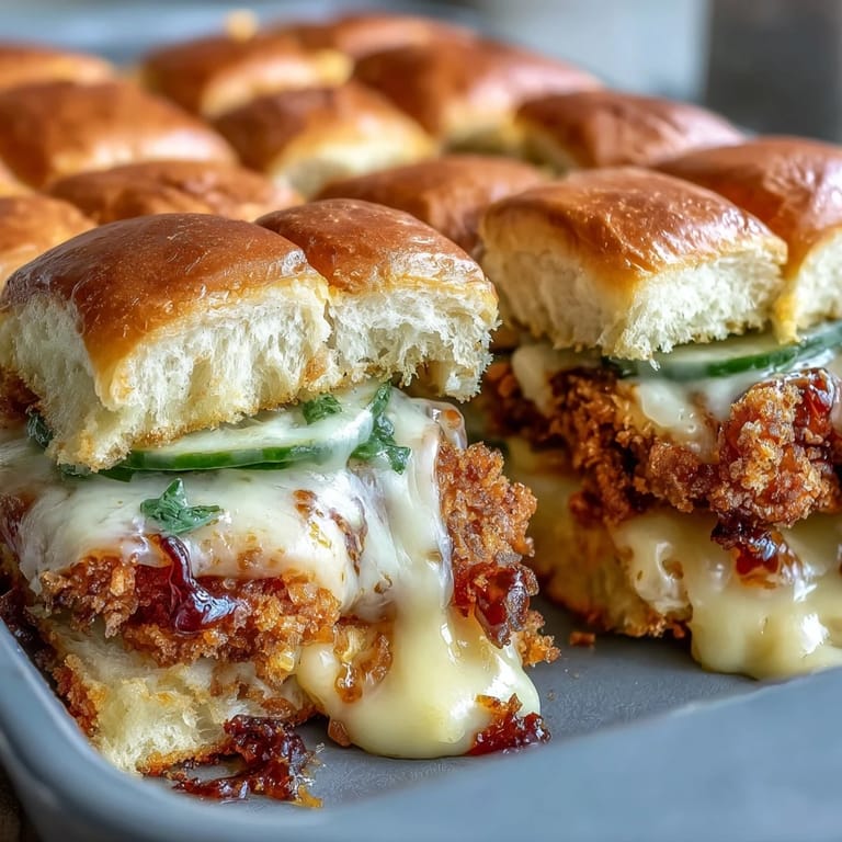 Crunchy panko-breaded chicken is smothered in hot honey butter, layered with cheddar and dill pickles for a crowd-pleasing slider.