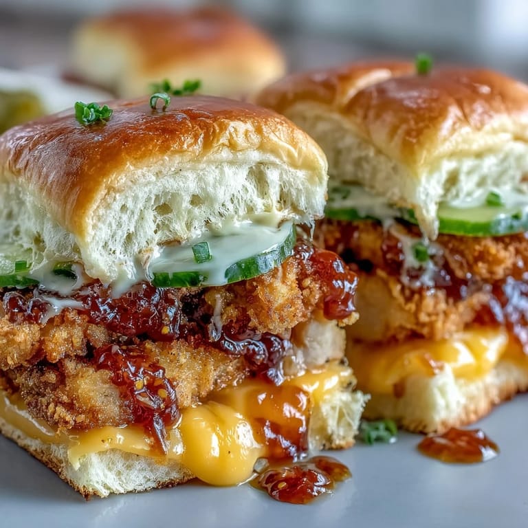 Pulled-apart spicy honey butter chicken sliders, featuring golden toasted buns, gooey cheese, and pickles on a serving platter.