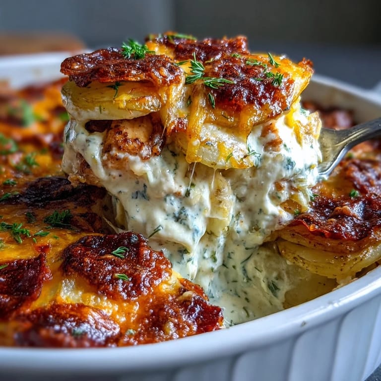 Thick-cut potatoes and chicken chunks soak up the ranch cream sauce in this golden-brown casserole, perfect for a cozy family dinner.