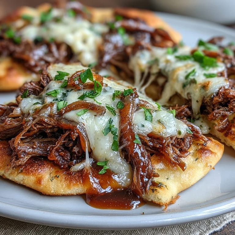 Golden-baked Slow Cooker Beef & Garlic Naan Melt held in hands, showing fluffy naan layered with juicy beef, mozzarella, and fresh parsley garnish.