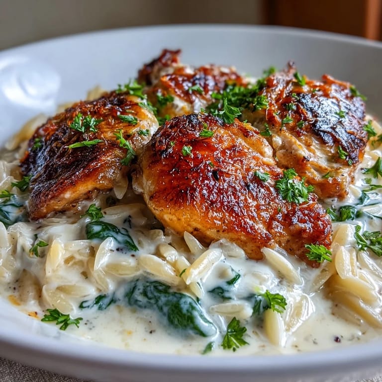 TikTok-inspired One-Pot Creamy Garlic Parmesan Chicken Orzo topped with parsley, featuring tender orzo and juicy chicken pieces.