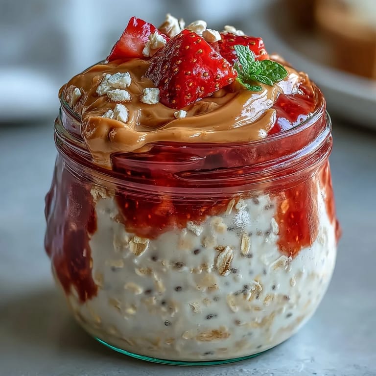 Creamy protein-packed oats topped with fresh strawberries and chopped peanuts, ready to enjoy. 