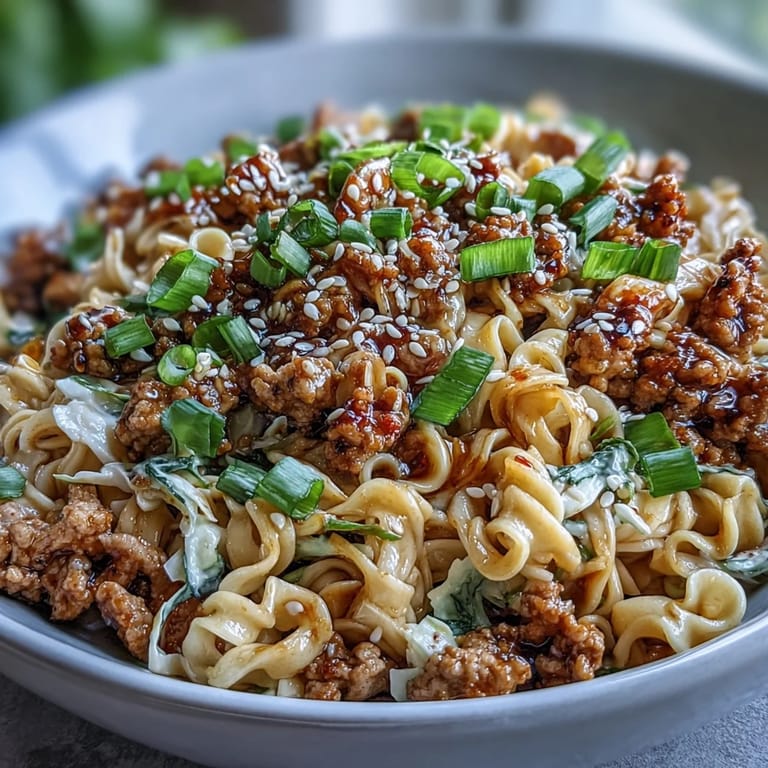 Tender noodles and ground turkey in Creamy Potsticker Noodle Stir-Fry get tossed with slaw mix and a glossy, savory sauce in a hot wok.