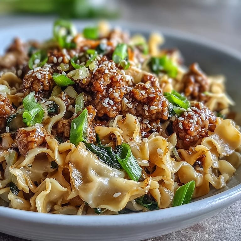 A steaming bowl of Creamy Potsticker Noodle Stir-Fry topped with sesame seeds and green onions, ready to serve with chopsticks for a quick weeknight meal.