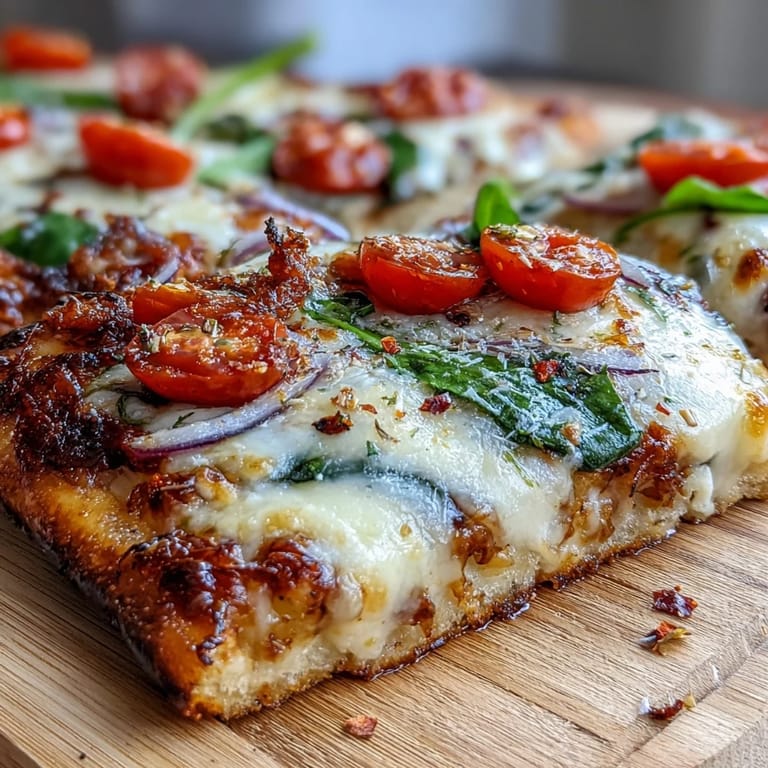 A close-up view of a savory Crispy Garlic Parmesan Naan Pizza slice, featuring bubbling mozzarella and rich Parmesan cheese on garlic butter-brushed naan. 