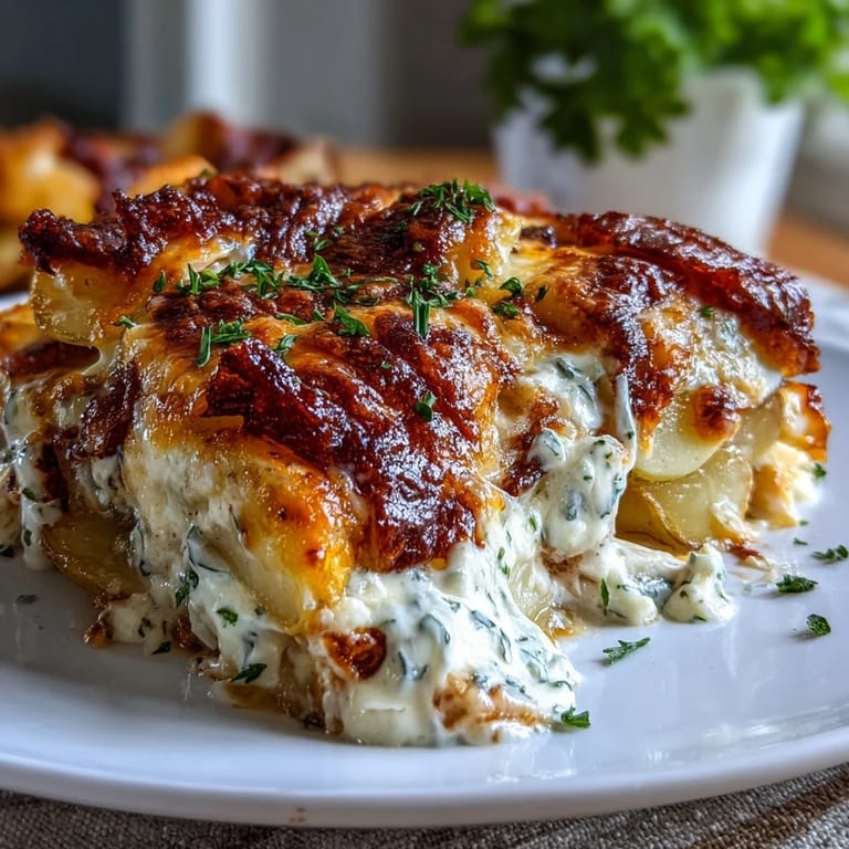 A spoon serves a generous portion of creamy ranch chicken potato bake, revealing layers of tender chicken and soft Yukon Gold potatoes.