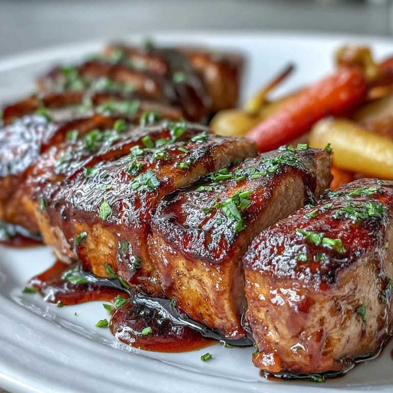 Juicy sliced pork tenderloin glazed in honey balsamic, paired with sweet roasted rainbow carrots on a rustic platter.