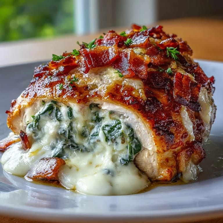 Slice of Keto Spinach and Bacon Stuffed Chicken Breast reveals creamy filling and melted cheese next to fresh salad.