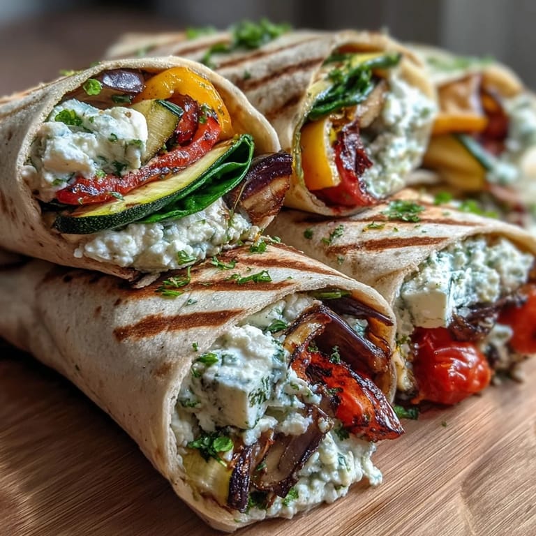 Soft tortilla holding Mediterranean Grilled Vegetable Wraps with charred zucchini, bell peppers, and onions, finished with creamy hummus.