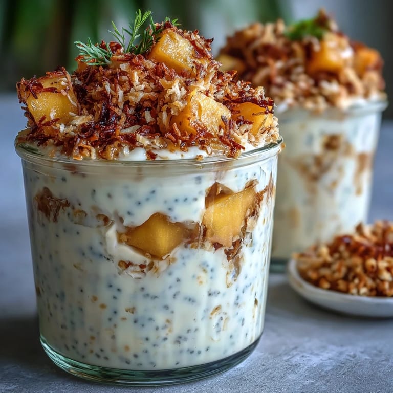 Refreshing mango overnight oats layered with coconut milk, chia pudding, and crunchy toasted coconut topping.