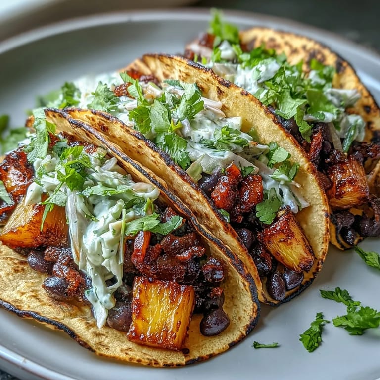 Vibrant vegan tacos filled with juicy pineapple, black beans, and a creamy coconut lime slaw, served on warm corn tortillas.