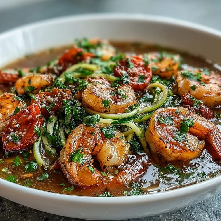 Quick and healthy shrimp and zucchini noodle dish served in a savory lemon-garlic broth, perfect for busy weeknight dinners.