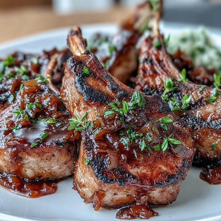Golden-brown lamb chops topped with caramelized onion jam, delivering a sweet and savory flavor combination that's irresistible.  