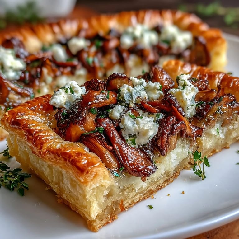 Savory wild mushroom tart with aromatic garlic, fresh thyme, and rich goat cheese atop a crisp puff pastry base.