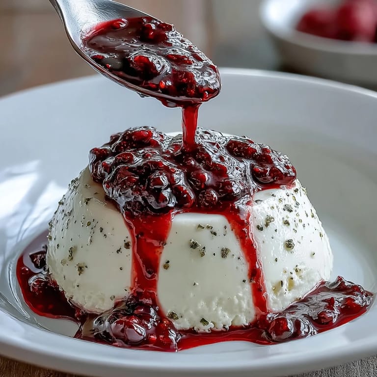 Rich, creamy cardamom panna cotta dessert with a smooth texture, elegantly garnished with a sweet and tangy berry sauce.