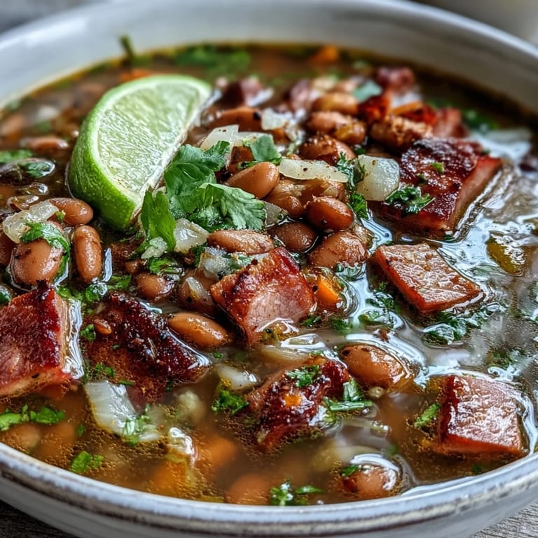 Creamy pinto beans and diced ham simmered in a rich broth, topped with avocado and lime wedges.
