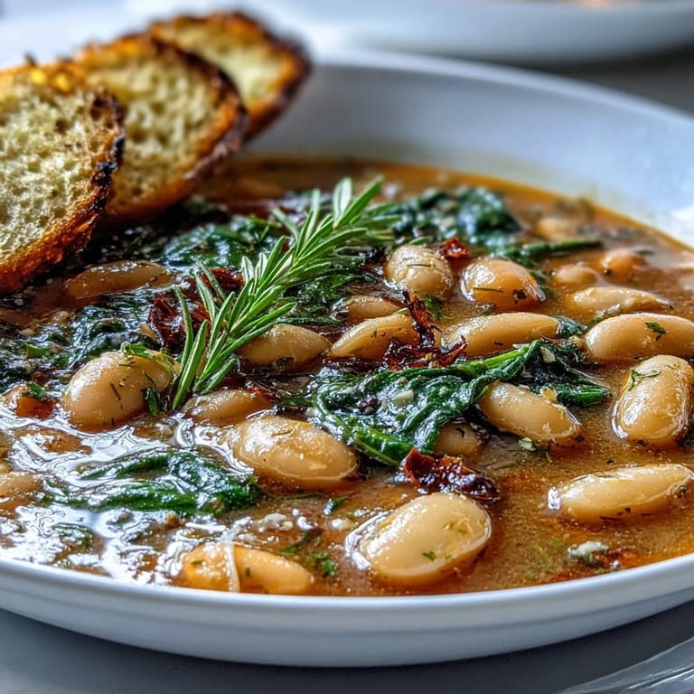 Cozy Tuscan white bean soup with cannellini beans, vegetables, and fragrant garlic bread, perfect for a comforting meal.