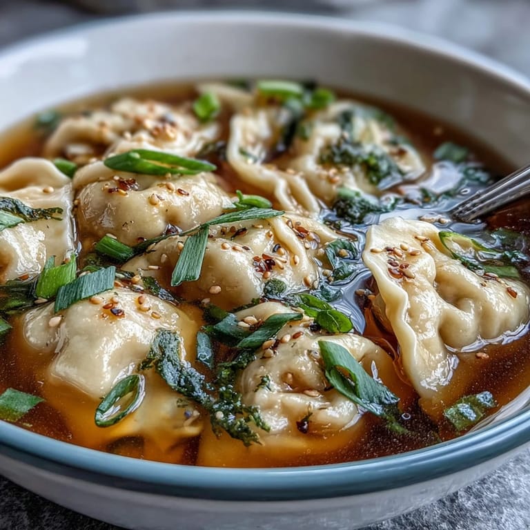Homemade dumplings float in rich chicken broth, garnished with sliced scallions for a fresh, aromatic touch.  
