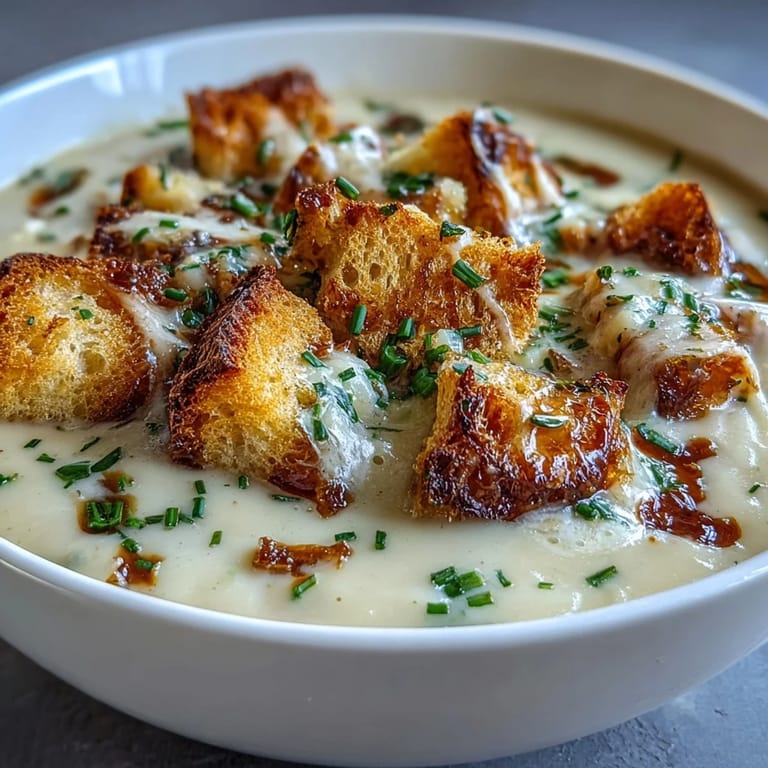 Warm bowl of creamy leek and potato soup, finished with crisp sourdough croutons and a sprinkle of herbs.