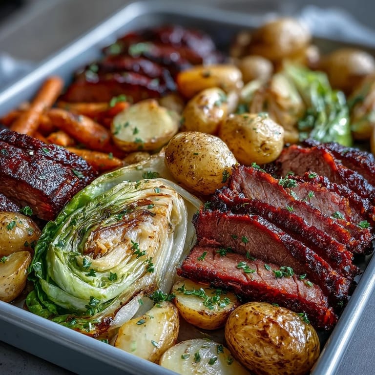 Crispy-edged corned beef slices nestled among caramelized cabbage wedges, baby potatoes, and sweet carrots on a single sheet pan.