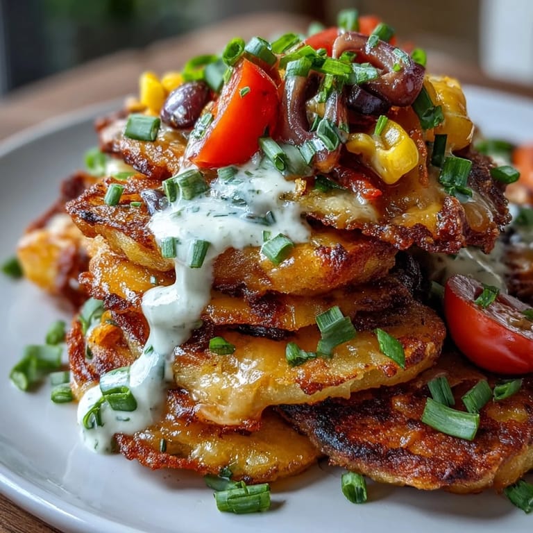 Golden baked potato slices layered with vibrant bell peppers, cherry tomatoes, and corn, drizzled with creamy Greek yogurt ranch dressing.  