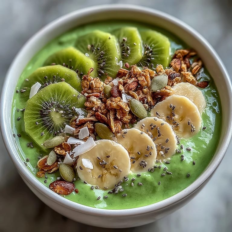 A creamy, nutrient-rich smoothie bowl blending spinach, kiwi, banana, and yogurt, garnished with coconut, seeds, and mint leaves.