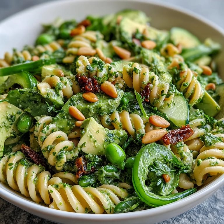 Creamy Spring Green Goddess Pasta Salad with Peas and Herbs, garnished with toasted pine nuts and fresh basil for a light spring meal.