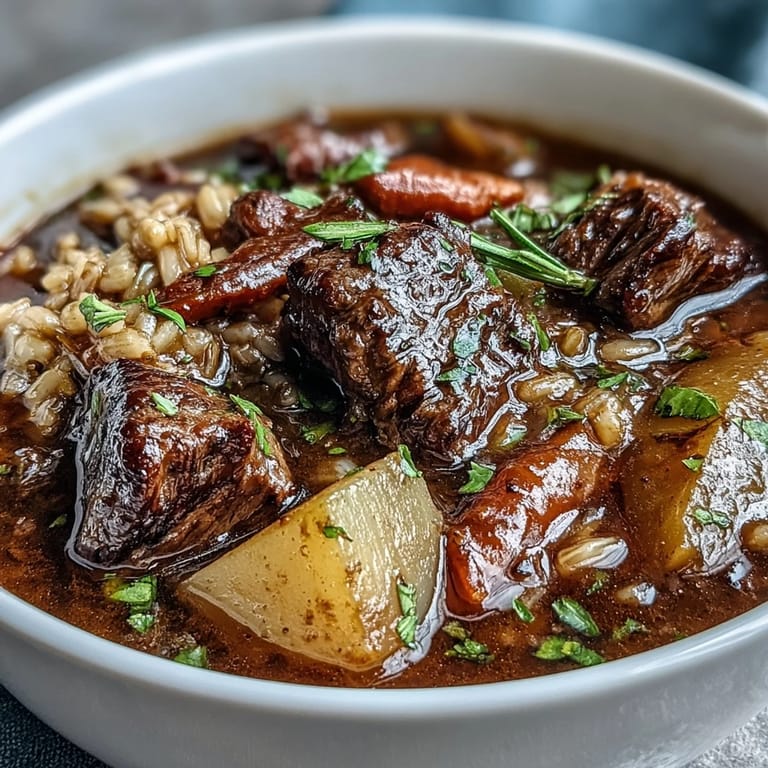 Comforting Irish Guinness Beef and Barley Stew brimming with pearl barley, parsnips, and potatoes simmered in a dark, malty beer-based gravy.