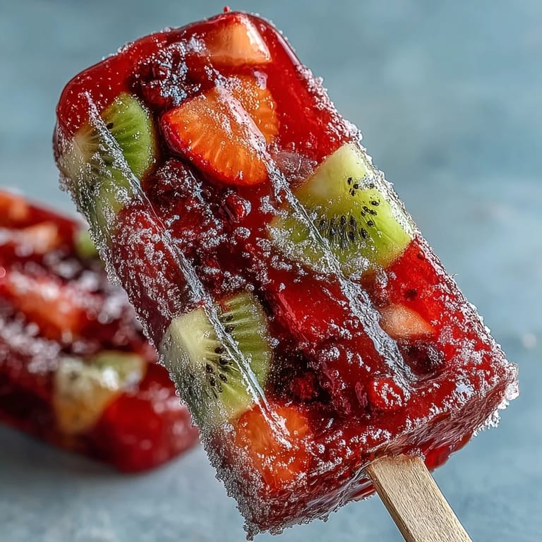 A close-up view of a homemade Strawberry Daiquiri popsicle featuring visible chunks of kiwi, mango, and strawberry inside a smooth red base.