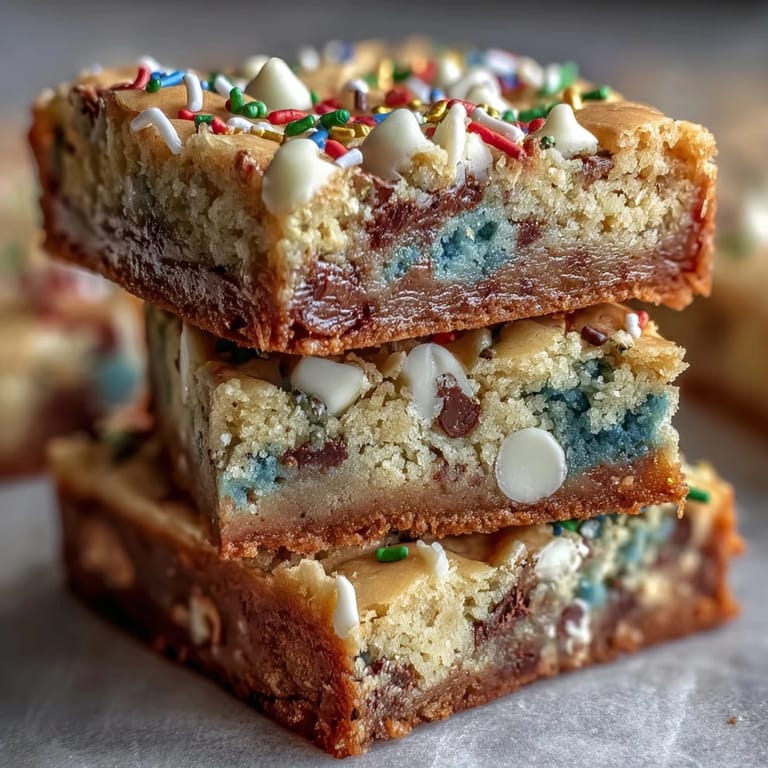 Buttery St. Patrick's Day cookie bars filled with rainbow sprinkles and white chocolate chips, perfect for holiday celebrations.