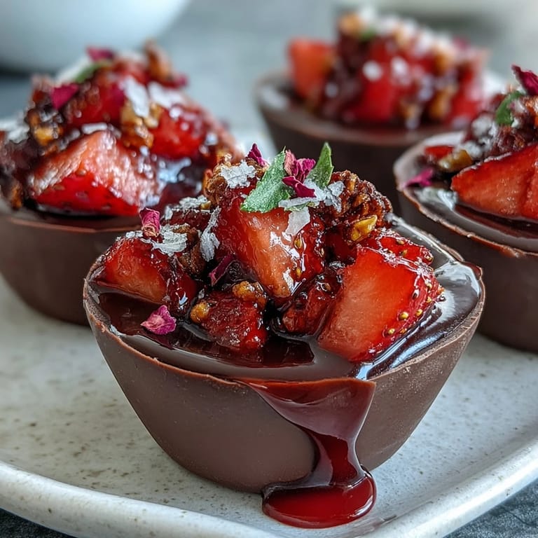 Decadent strawberry-filled chocolate cups with pistachio crunch, a Middle Eastern-inspired dessert perfect for elegant gatherings.  